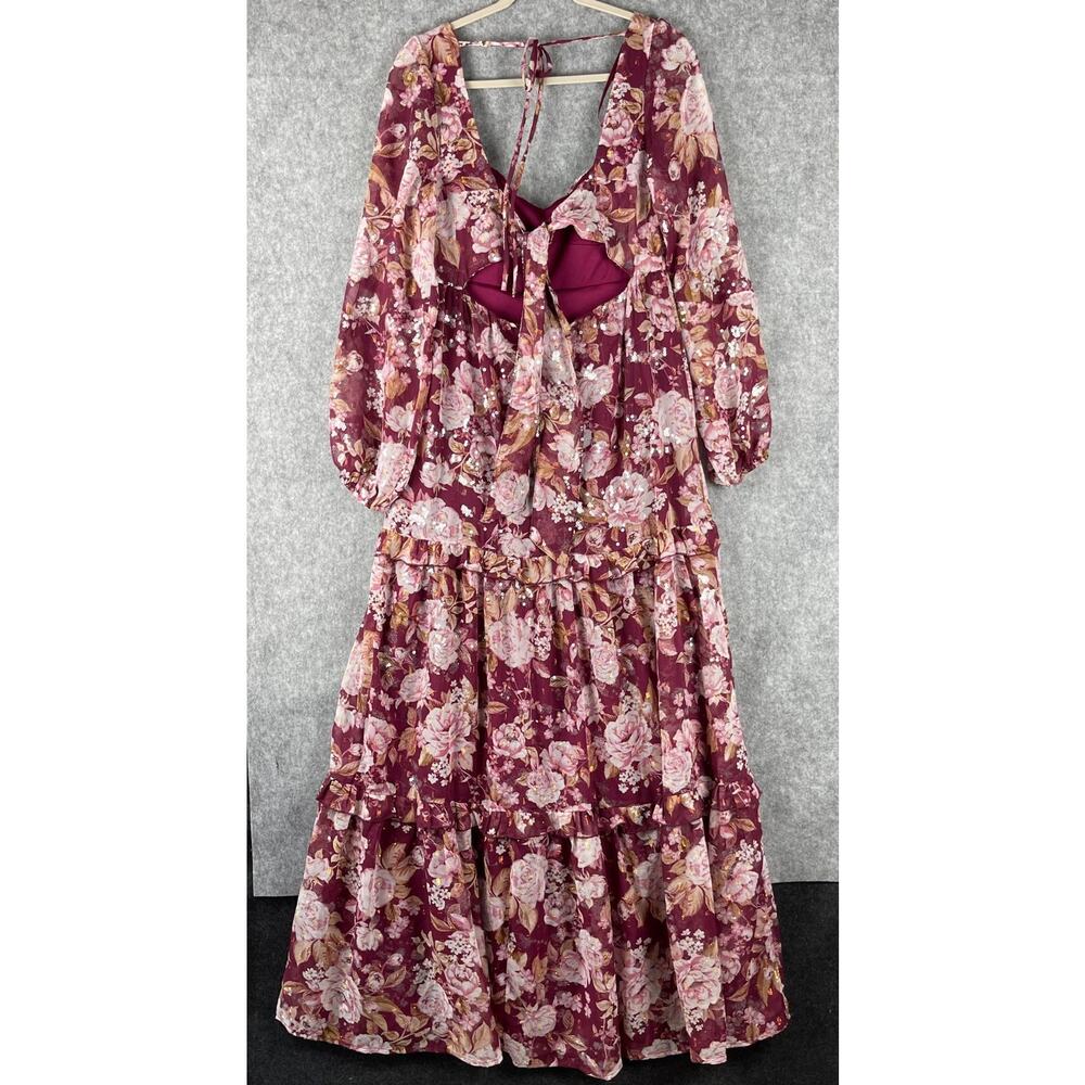 Altar'd State Sailor Tiered Maxi Dress Womens Medium Burgundy Floral Sequins - Picture 13 of 16